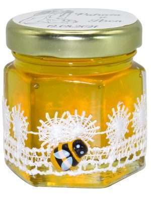 Marturii dulci cu miere, model handmade Dorinta – alb, borcan 50 gr – DSBC1650