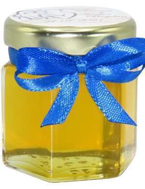 Marturii dulci cu miere, model handmade Zumzet dulce – albastru, borcan 50 gr – DSBC1690