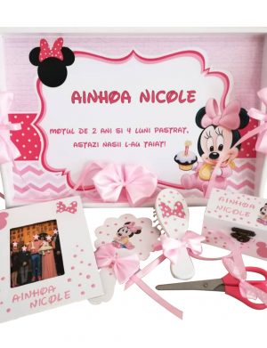 Set mot Baby Minnie Mouse, 7 piese, personalizat, din lemn, cu fundite roz, ornamente roz cu rosu DSPH102005