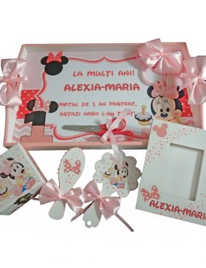 Set mot Baby Minnie Mouse, 7 piese, personalizat, din lemn, cu fundite roz, ornamente multicolore DSPH010