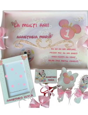 Set mot Cap Minnie Mouse, 7 piese, personalizat, din lemn, cu fundite roz, ornamente roz DSPH013