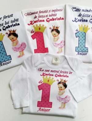 Set 3 tricouri plus 1 body personalizate, pentru familie, aniversare 1 an copil – ACD1614