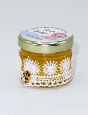 Marturii dulci cu miere, model handmade „Dorinta” – alb, borcan 30 gr – DSBC1921