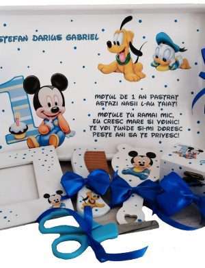 Set Tavita Mot (turta) Baby Mickey si Goofy, 7 piese, personalizat cu nume si data, DSPH165