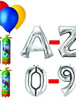 Pachet 20 baloane numere / cifre argintii la alegere, 4 butelii heliu, 100 baloane latex 26cm standard – FTB195