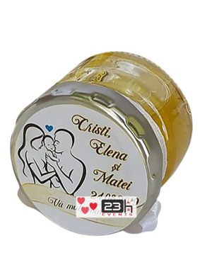 Marturii dulci cu miere, model handmade Iubire – alb nunta si botez, borcan 30 gr – DSBC006