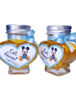 Marturii dulci cu miere, model handmade Iubire bleo Mickey, borcan 90 gr – DSBC001