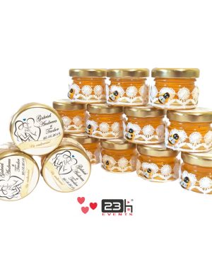 Marturii dulci cu miere, model handmade Dorinta – alb, borcan 30 gr – DSBC002