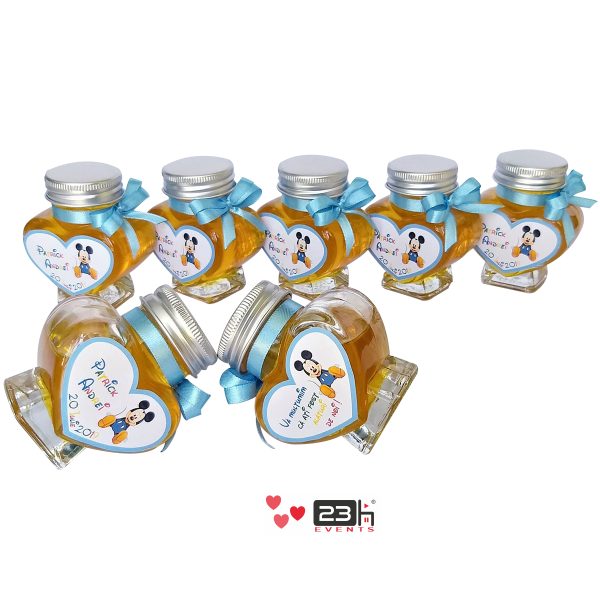 Marturii dulci cu miere, model handmade Iubire bleo Mickey, borcan 90 gr - DSBC001