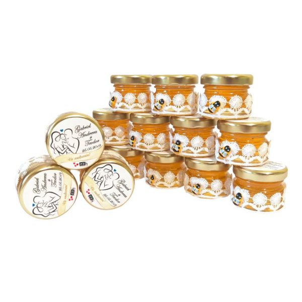 Marturii dulci cu miere, model handmade Dorinta - alb, borcan 30 gr - DSBC002