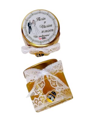 Marturii dulci cu miere, model handmade Eleganta – alb, borcan 50 gr – DSBC005