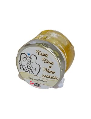 Marturii dulci cu miere, model handmade Iubire - alb nunta si botez, borcan 30 gr - DSBC006