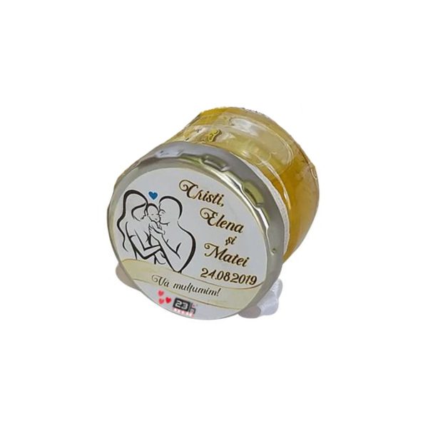 Marturii dulci cu miere, model handmade Iubire - alb nunta si botez, borcan 30 gr - DSBC006