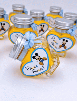 Marturii dulci cu miere, model handmade Iubire bleo Mickey, borcan 90 gr – DSBC001