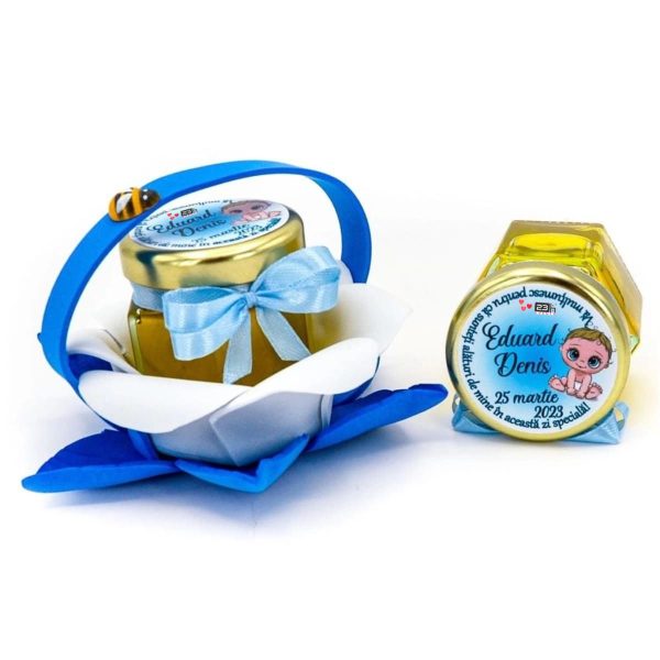 Marturii dulci cu miere, model handmade Zumzet dulce - albastru, borcan 50 gr - DSBC008