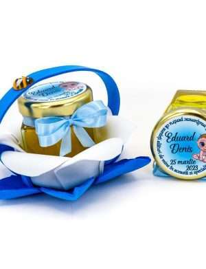 Marturii dulci cu miere, model handmade Zumzet dulce – albastru, borcan 50 gr – DSBC008