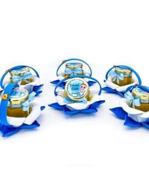 Marturii dulci cu miere, model handmade Zumzet dulce – albastru, borcan 50 gr – DSBC008