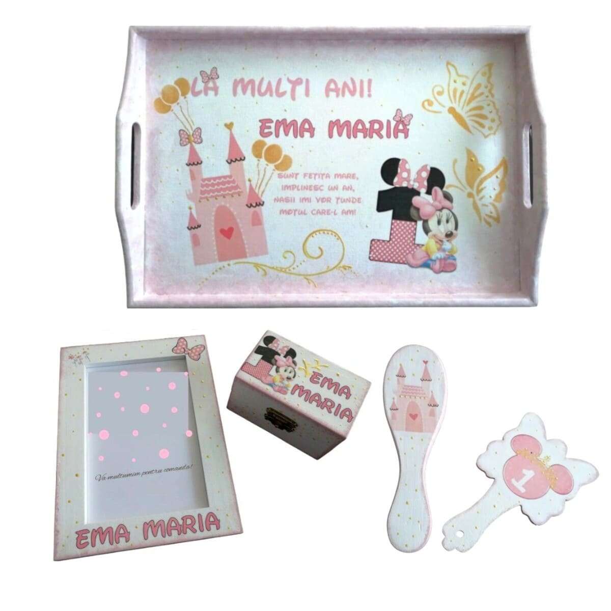 Set mot Baby Minnie Mouse, 7 piese, personalizat, din lemn, cu fundite roz, ornamente roz DSPH016 (2)