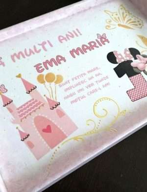 Set mot Baby Minnie Mouse, 7 piese, personalizat, din lemn, cu fundite roz, ornamente roz DSPH016