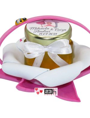 Marturii dulci cu miere, model handmade Zumzet dulce – roz, borcan 50 gr – DSBC1686