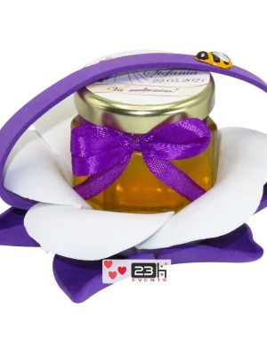 Marturii dulci cu miere, model handmade Zumzet dulce – mov, borcan 50 gr – DSBC1688