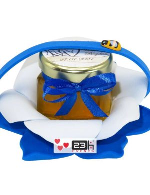Marturii dulci cu miere, model handmade Zumzet dulce – albastru, borcan 50 gr – DSBC1690