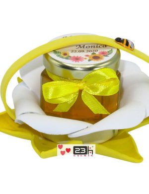 Marturii dulci cu miere, model handmade Zumzet dulce – galben, borcan 50 gr – DSBC1691