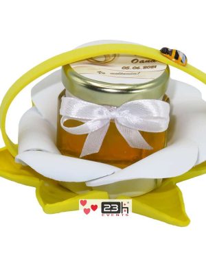 Marturii dulci cu miere, model handmade Zumzet dulce – galben, borcan 50 gr – DSBC1692