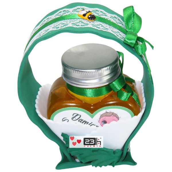 Marturii dulci cu miere, model handmade „Cupe cu nectar” - verde alb, borcan 90 gr – DSBC1917