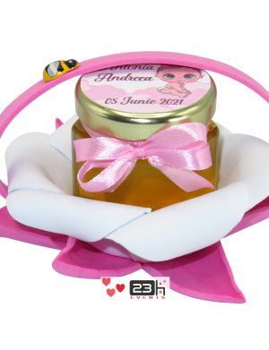 Marturii dulci cu miere, model handmade „Zumzet dulce” – roz, borcan 50 gr  – DSBC1920
