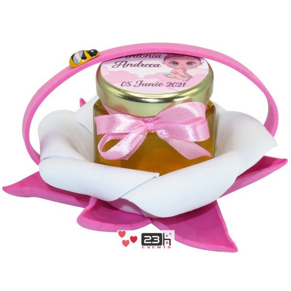 Marturii dulci cu miere, model handmade „Zumzet dulce” - roz, borcan 50 gr  – DSBC1920