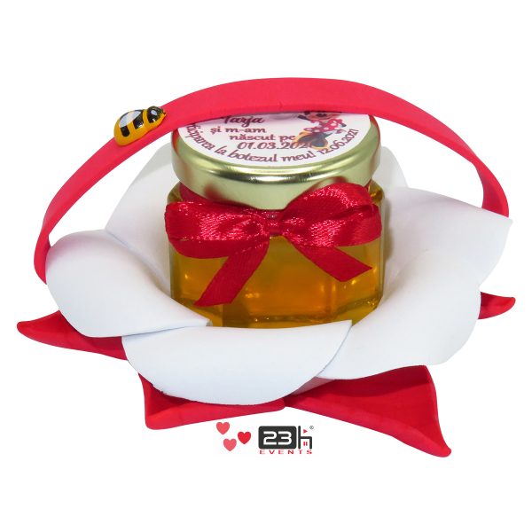 Marturii dulci cu miere, model handmade Zumzet dulce - rosu, borcan 50 gr - DSBC1693
