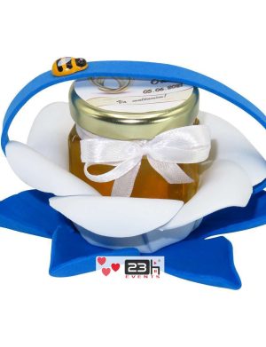 Marturii dulci cu miere, model handmade Zumzet dulce – albastru, borcan 50 gr – DSBC1695