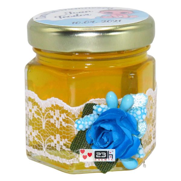 Marturii dulci cu miere, model handmade Adiere - albastru, borcan 50 gr - DSBC163