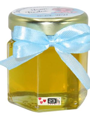 Marturii dulci cu miere, model handmade Iubire – bleu, borcan 50 gr – DSBC164