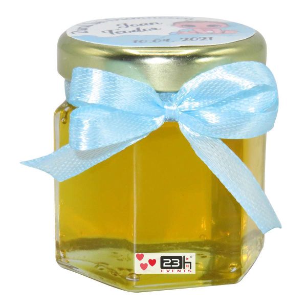 Marturii dulci cu miere, model handmade Iubire - bleu, borcan 50 gr - DSBC164