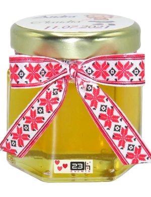Marturii dulci cu miere, model handmade Voie buna – traditional rosu, borcan 50 gr – DSBC166