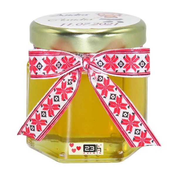 Marturii dulci cu miere, model handmade Voie buna - traditional rosu, borcan 50 gr - DSBC166