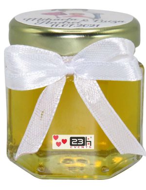 Marturii dulci cu miere, model handmade Iubire – alb, borcan 50 gr – DSBC1666