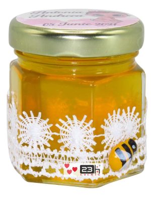 Marturii dulci cu miere, model handmade Dorinta – alb, borcan 50 gr – DSBC169