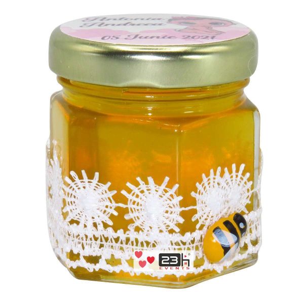 Marturii dulci cu miere, model handmade Dorinta - alb, borcan 50 gr - DSBC169