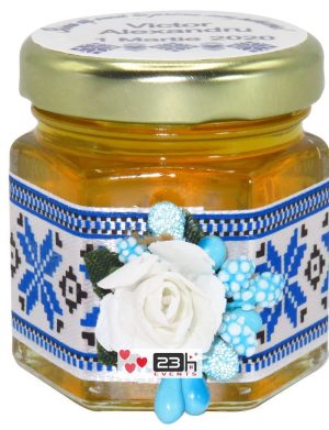 Marturii dulci cu miere, model handmade Traditional – albastru, borcan 50 gr – DSBC1611