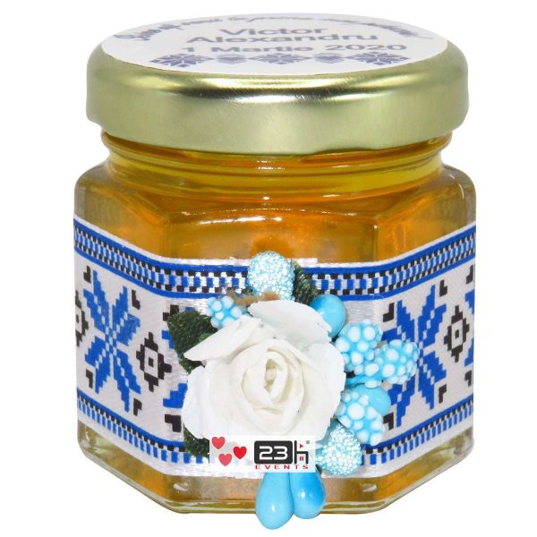 Marturii dulci cu miere, model handmade Traditional - albastru, borcan 50 gr - DSBC1611