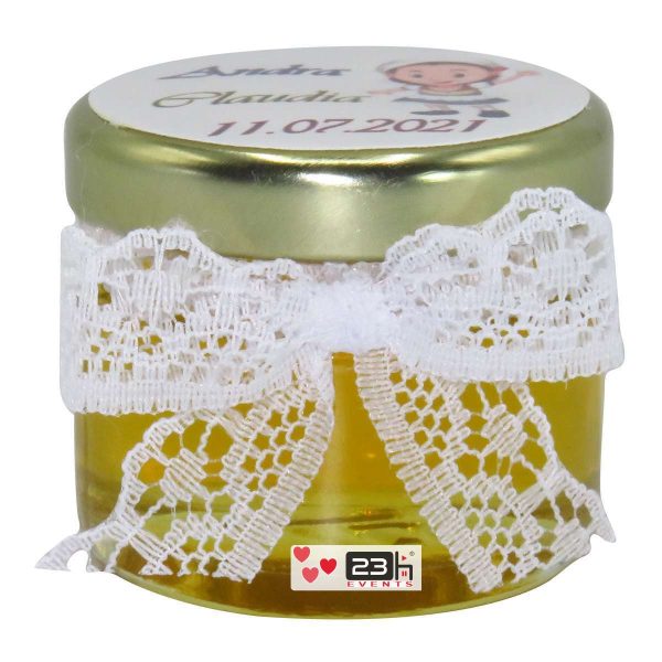 Marturii dulci cu miere, model handmade Eleganta - alb, borcan 30 gr - DSBC1613