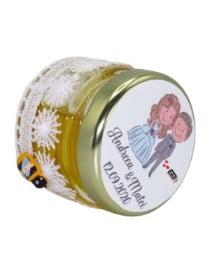 Marturii dulci cu miere, model handmade Dorinta – alb, borcan 30 gr – DSBC1638