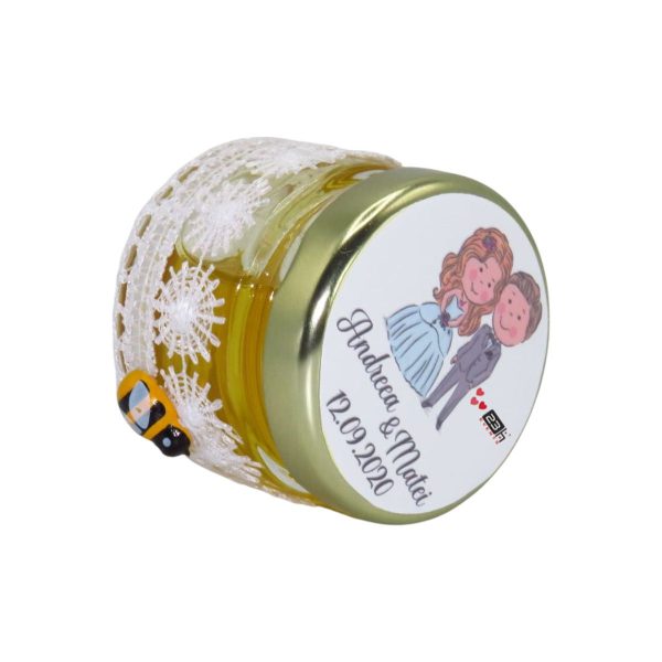 Marturii dulci cu miere, model handmade Dorinta - alb, borcan 30 gr - DSBC1638