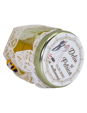 Marturii dulci cu miere, model handmade Eleganta – alb, borcan 50 gr – DSBC1643