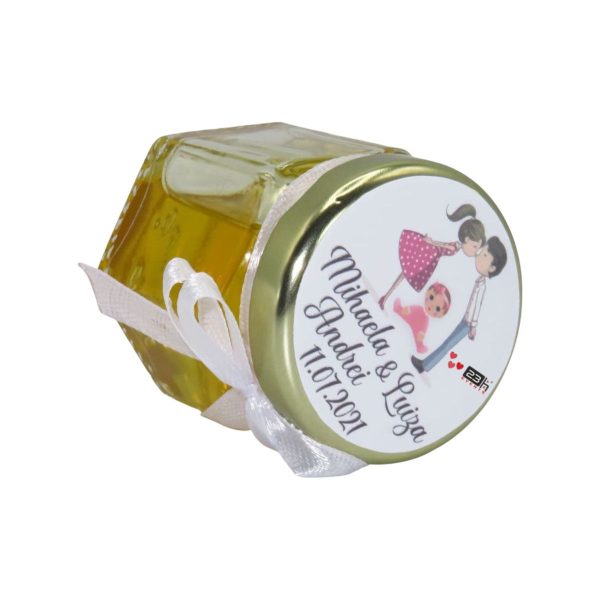 Marturii dulci cu miere, model handmade Iubire - alb, borcan 50 gr - DSBC1666
