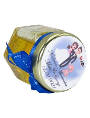 Marturii dulci cu miere, model handmade Iubire – albastru, borcan 50 gr – DSBC1660