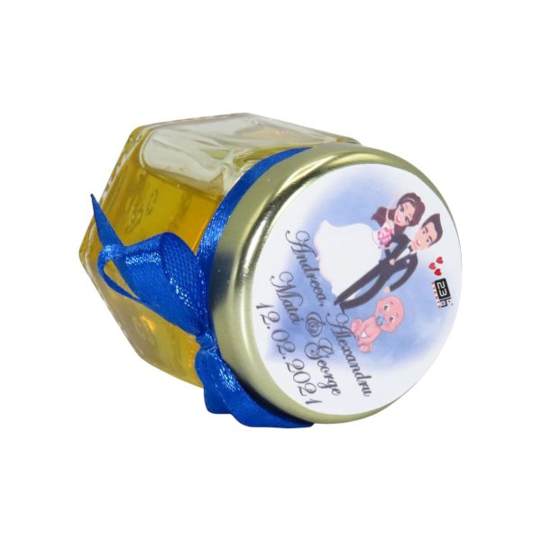 Marturii dulci cu miere, model handmade Iubire - albastru, borcan 50 gr - DSBC1660